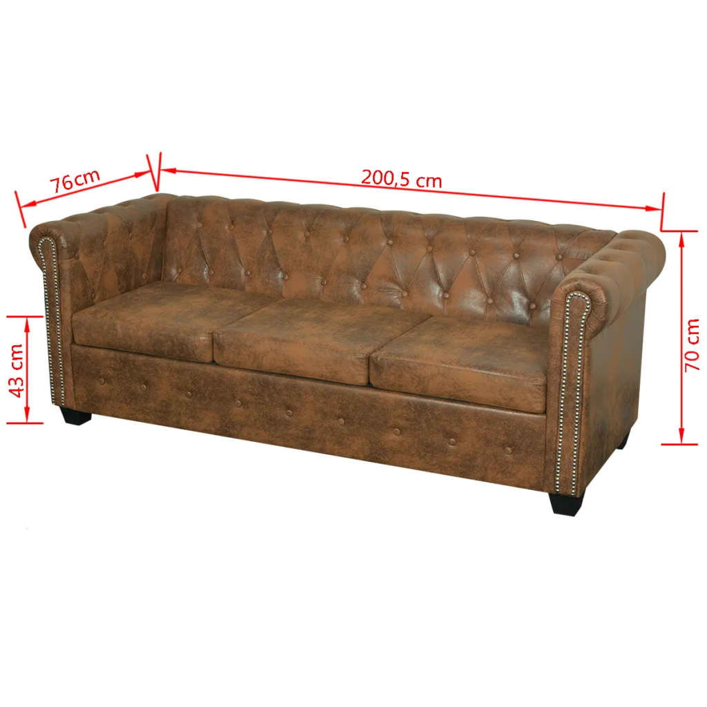 3-personers Chesterfield sofa kunstlæder brun