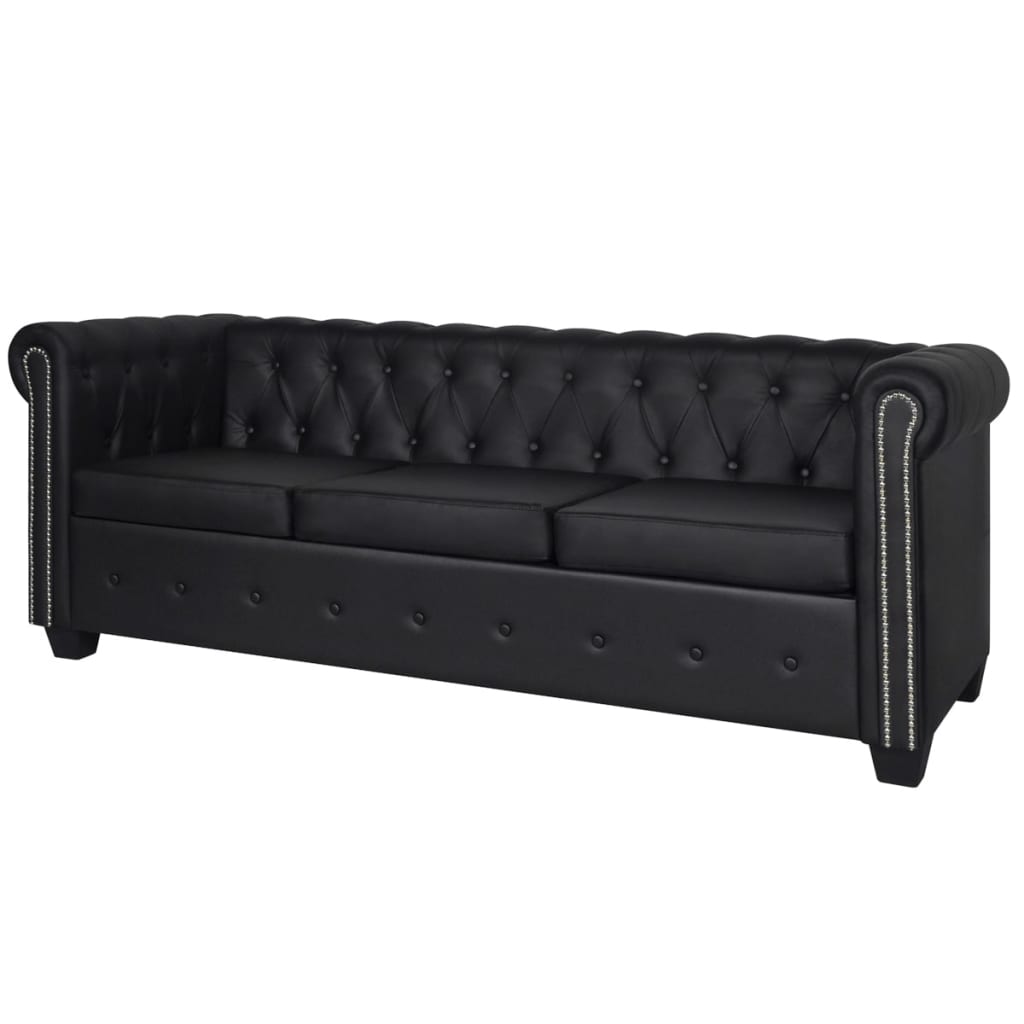 3-personers Chesterfield sofa kunstlæder sort