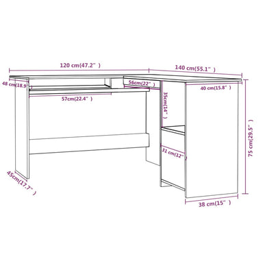 L-formet skrivebord 120x140x75 cm konstrueret træ sort højglans