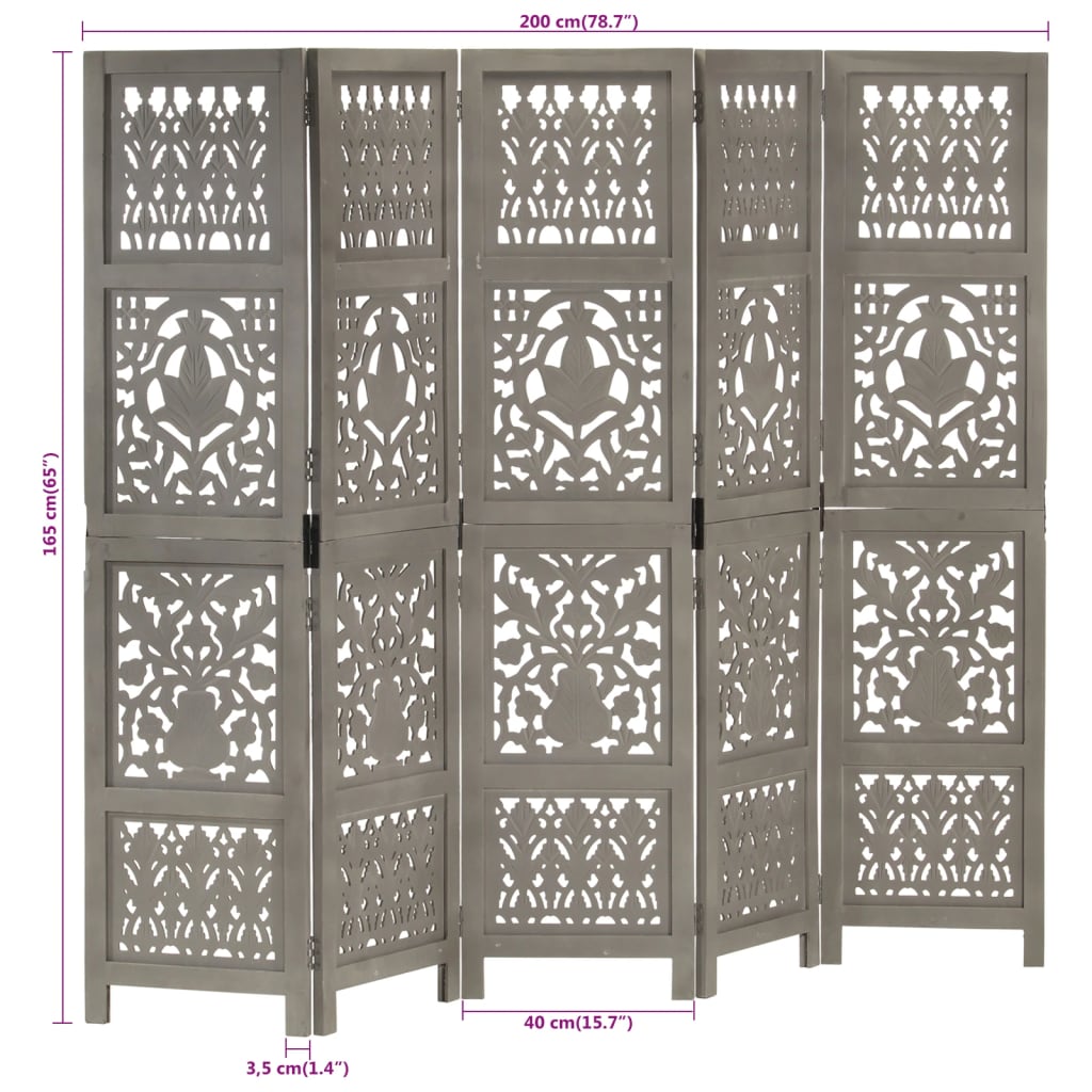 5-panels rumdeler håndskåret 200 x 165 cm massivt mangotræ grå