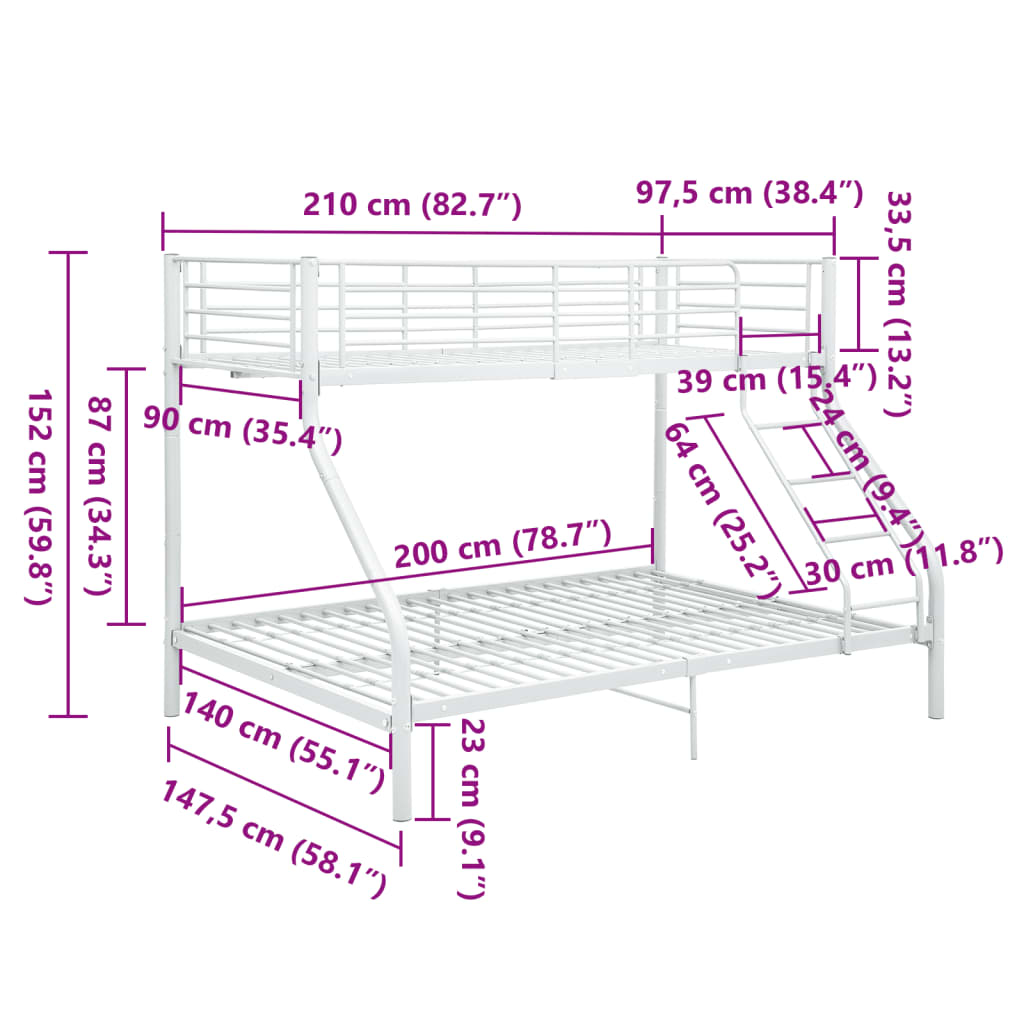 sengestel til køjeseng 140x200 cm/90x200 cm metal hvid