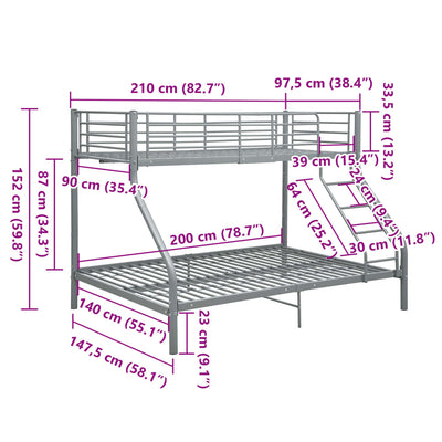 sengestel til køjeseng 140x200 cm/90x200 cm metal grå