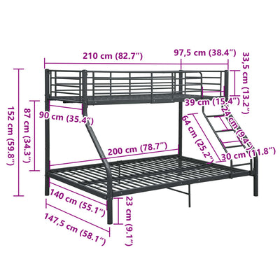 sengestel til køjeseng 140 x 200 cm/90 x 200 cm metal sort