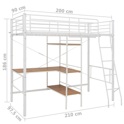 sengestel til køjeseng med bord 90x200 cm metal hvid