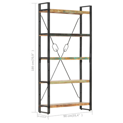 bogreol med 5 hylder 90x30x180 cm massivt genbrugstræ