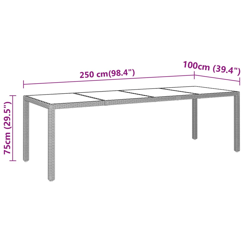 havebord 250x100x75 cm hærdet glas og polyrattan sort