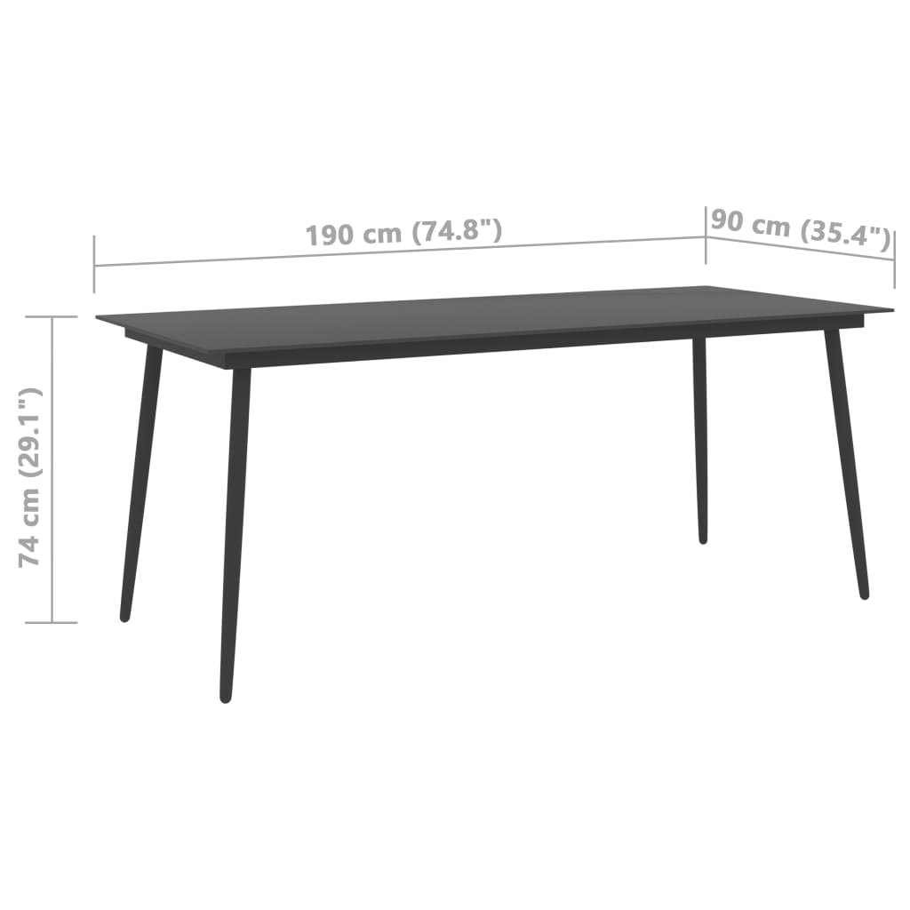 havebord 190x90x74 cm stål og glas sort