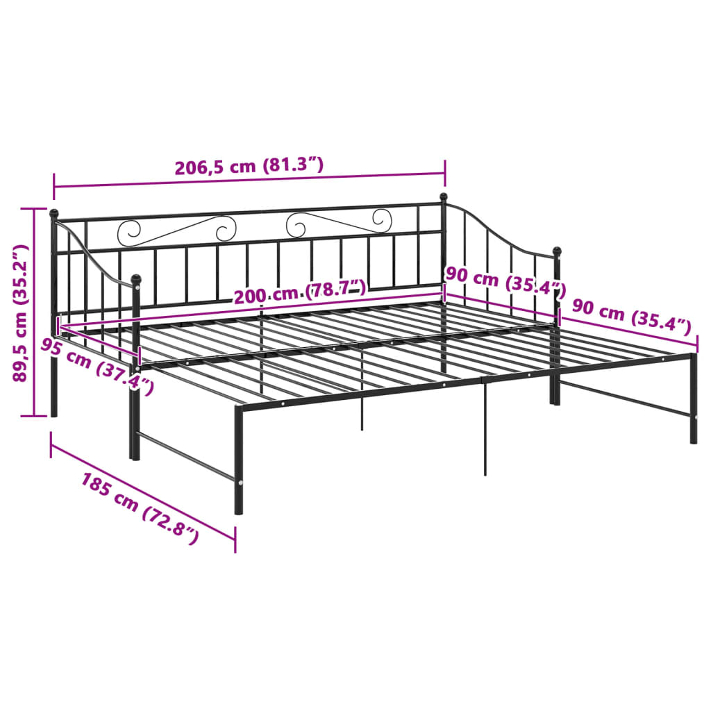 sengestel til udtræksseng 90x200 cm metal sort