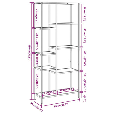 bogreol 80x30x180 cm stål og konstrueret træ