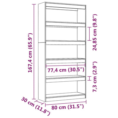 bogreol/rumdeler 80x30x167,4 cm massivt fyrretræ