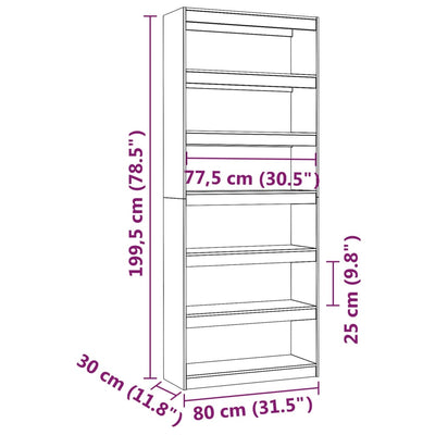 bogreol/rumdeler 80x30x199,5 cm massivt fyrretræ