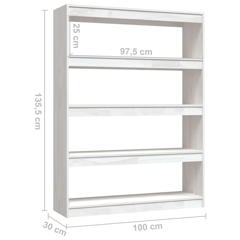 bogreol/rumdeler 100x30x135,5 cm massivt fyrretræ hvid