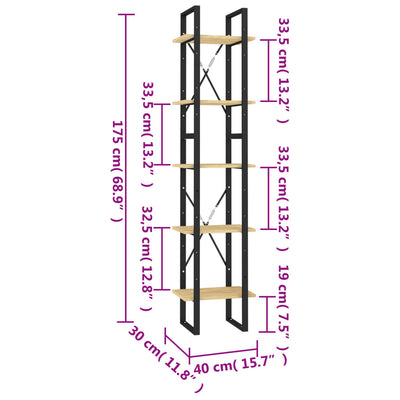 bogreol 40x30x175 cm 5 hylder massivt fyrretræ