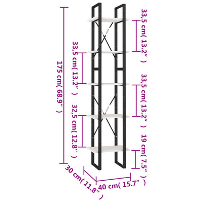 bogreol 40x30x175 cm 5 hylder massivt fyrretræ hvid