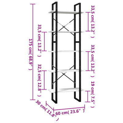 bogreol 60x30x175 cm 5 hylder massivt fyrretræ hvid