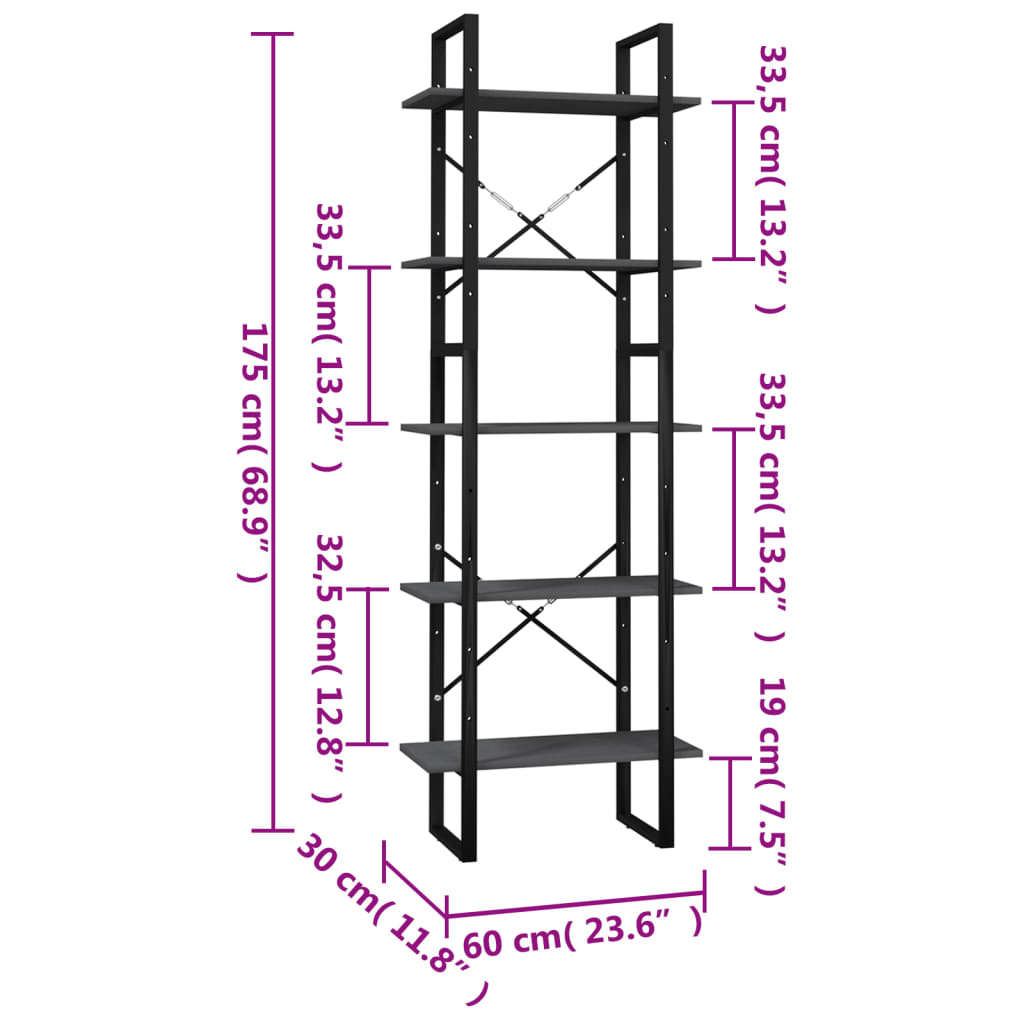 bogreol 60x30x175 cm 5 hylder massivt fyrretræ grå