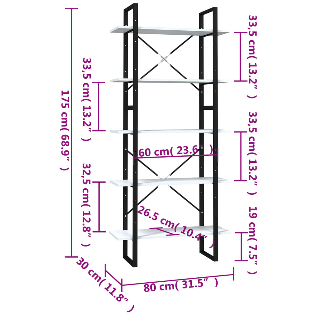 bogreol med 5 hylder 80x30x175 cm konstrueret træ hvid