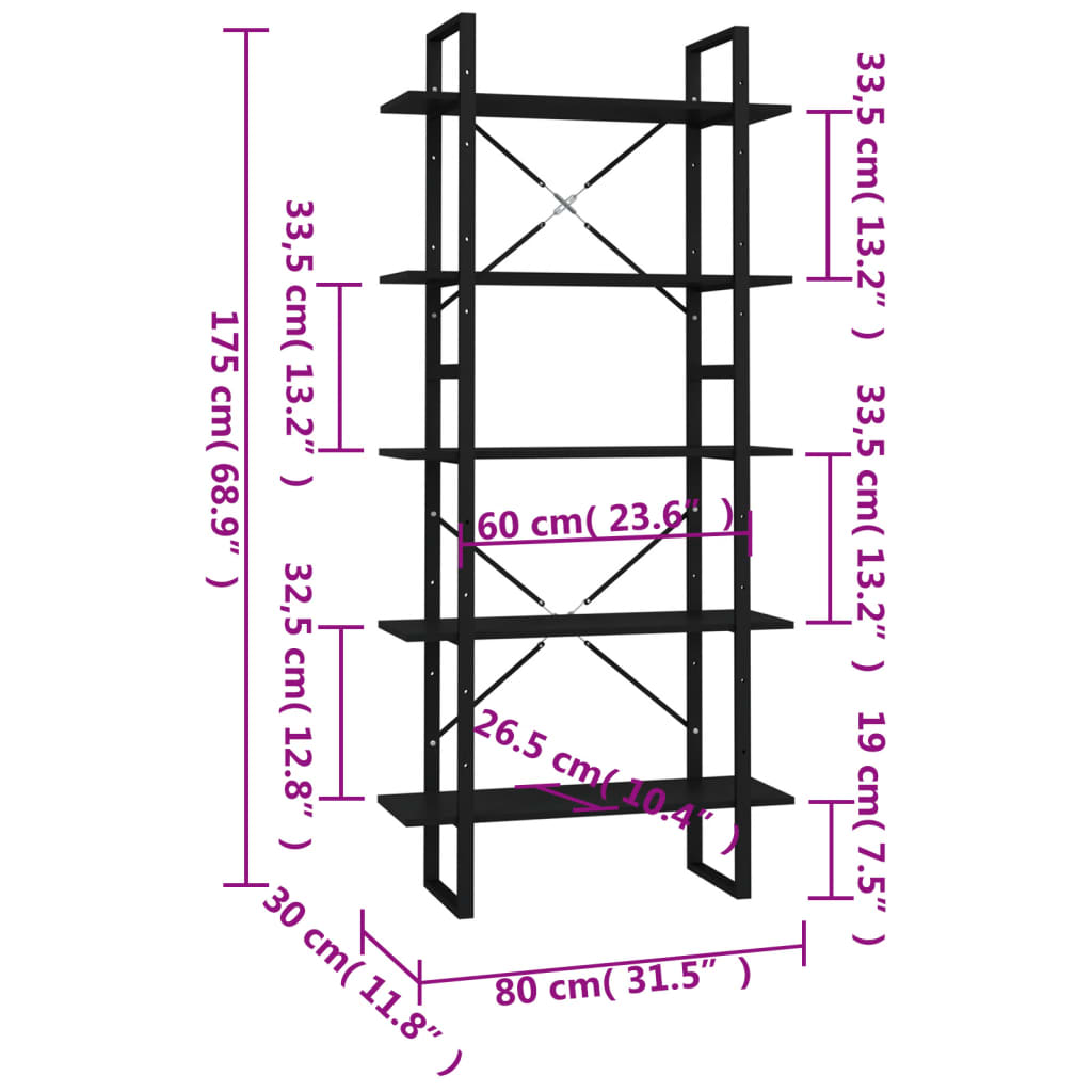 bogreol med 5 hylder 80x30x175 cm konstrueret træ sort