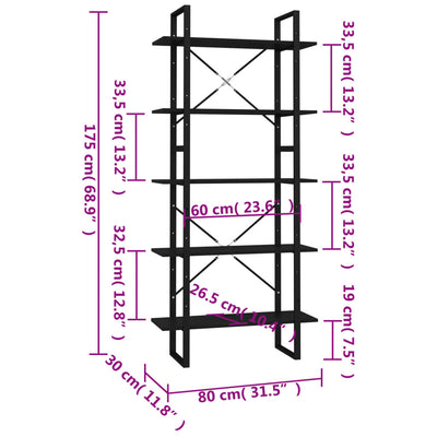 bogreol med 5 hylder 80x30x175 cm konstrueret træ sort