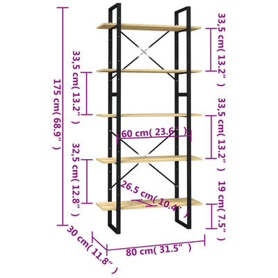 bogreol med 5 hylder 80x30x175 cm fyrretræ