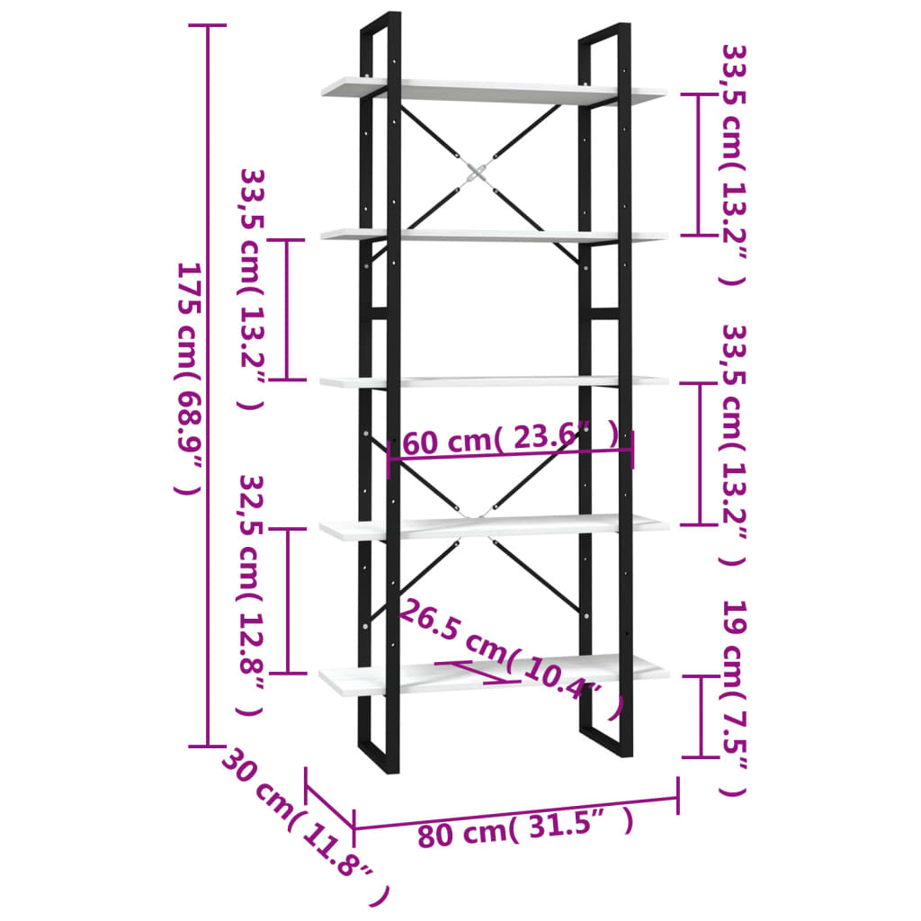 bogreol med 5 hylder 80x30x175 cm massivt fyrretræ hvid