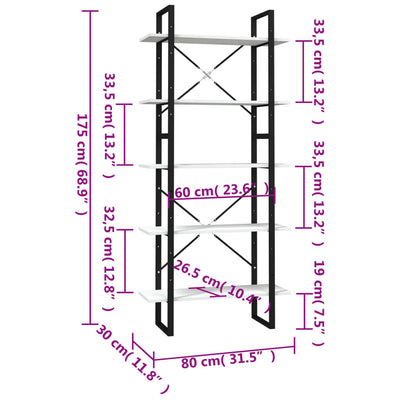 bogreol med 5 hylder 80x30x175 cm massivt fyrretræ hvid