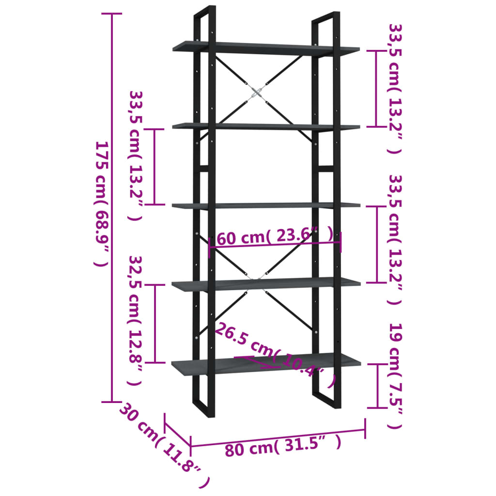 bogreol med 5 hylder 80x30x175 cm massivt fyrretræ grå