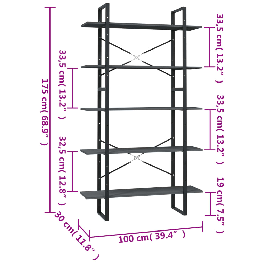 bogreol med 5 hylder 100x30x175 cm massivt fyrretræ grå