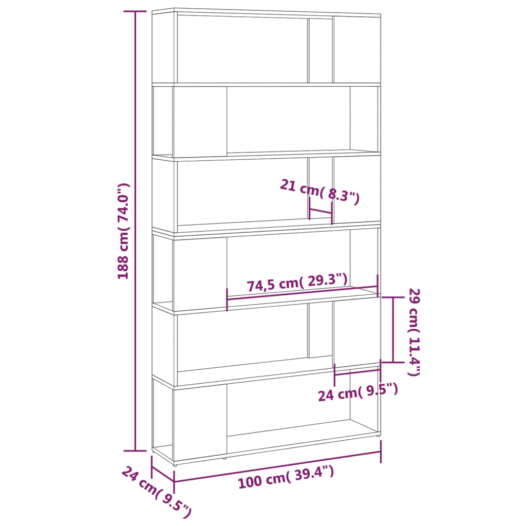 bogreol/rumdeler 100x24x188 cm hvid