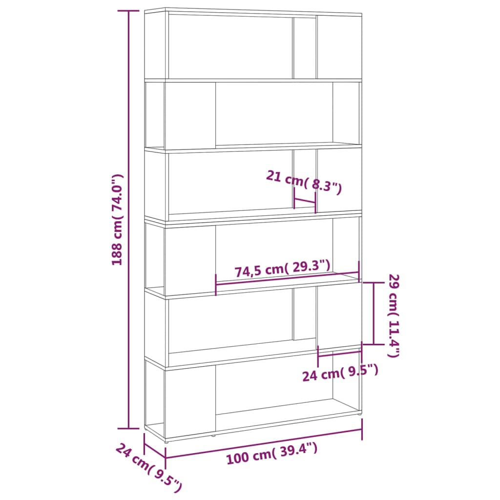 bogreol/rumdeler 100x24x188 cm sort