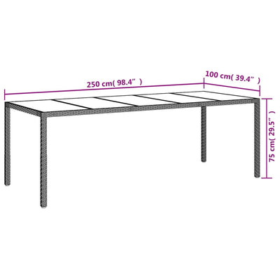 havebord 250x100x75 cm hærdet glas og polyrattan sort