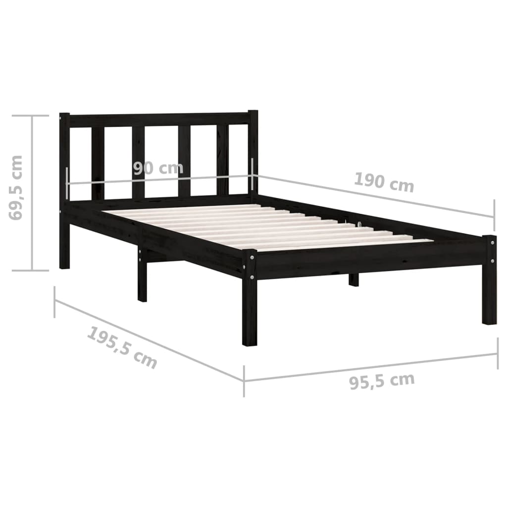 sengestel 90x190 cm Single massivt fyrretræ sort