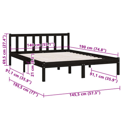 sengestel 140x190 cm massivt fyrretræ sort