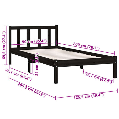 sengestel 90x200 cm massivt fyrretræ sort