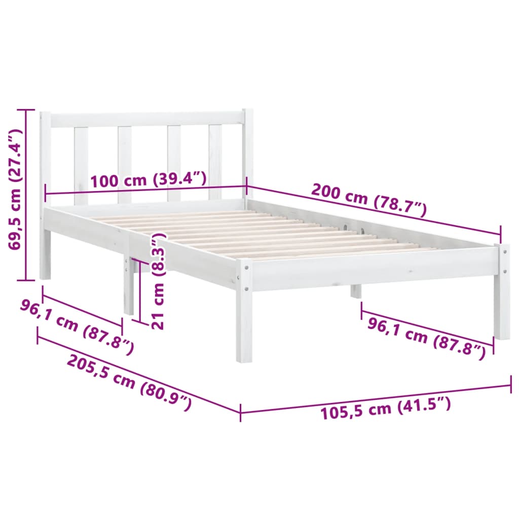 sengestel 100x200 cm massivt fyrretræ hvid