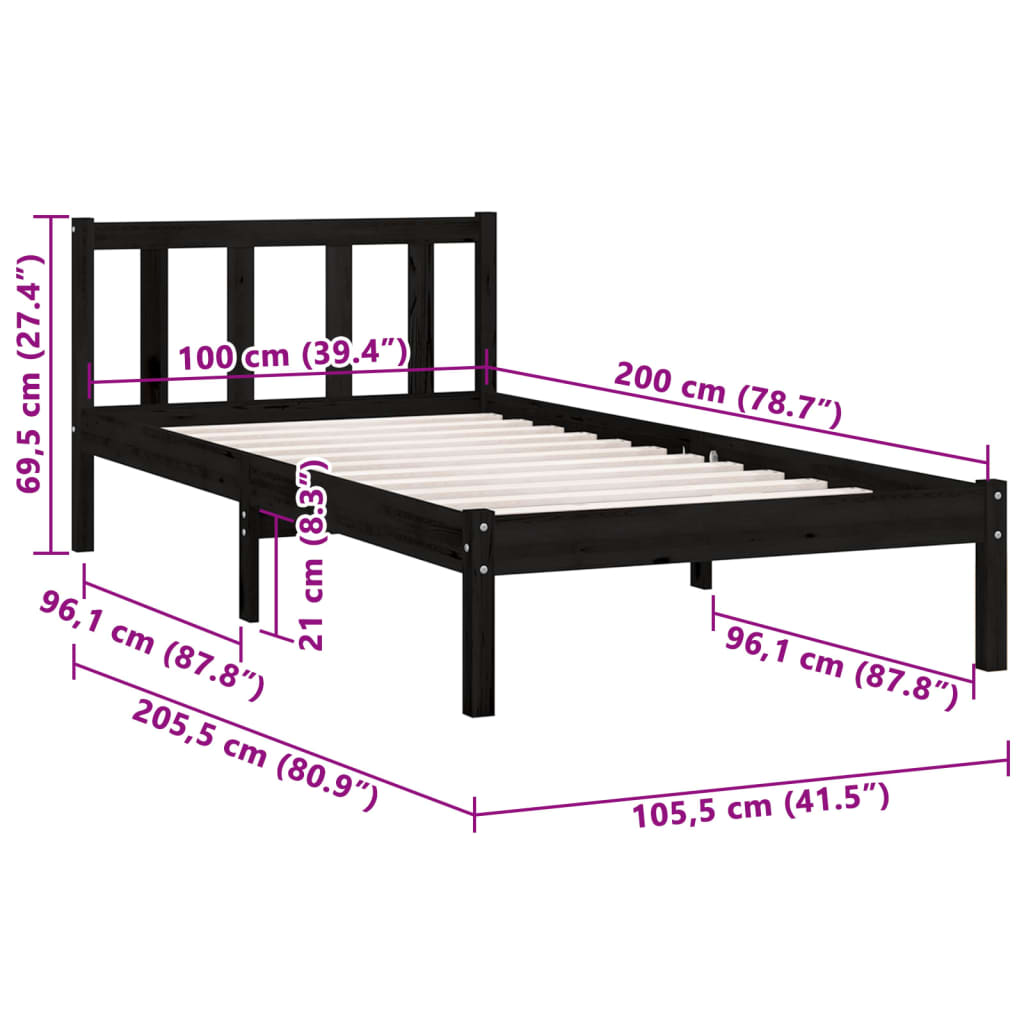 sengestel 100x200 cm massivt fyrretræ sort