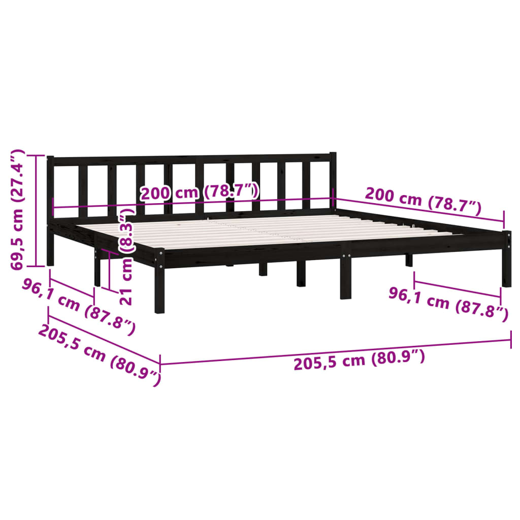 sengestel 200x200 cm massivt fyrretræ sort