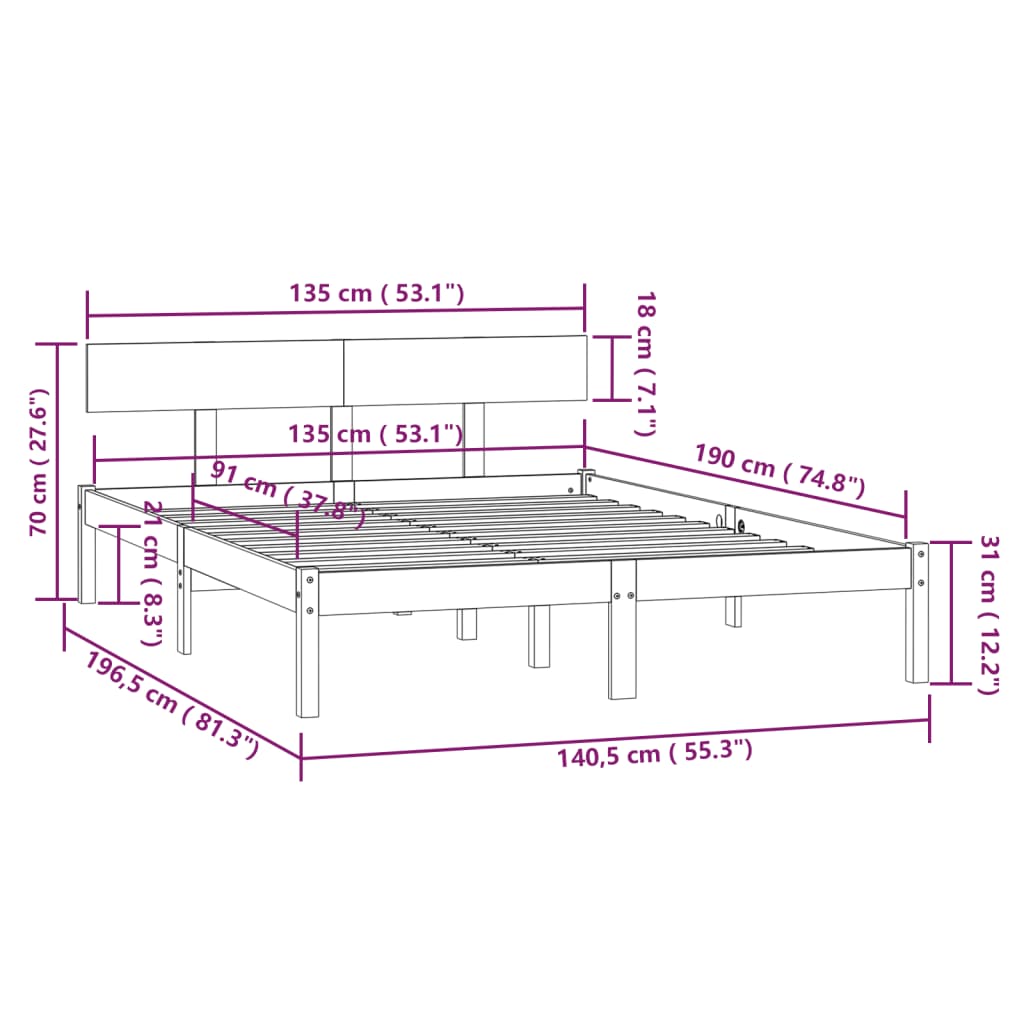 sengestel 135x190 cm Double massivt fyrretræ hvid