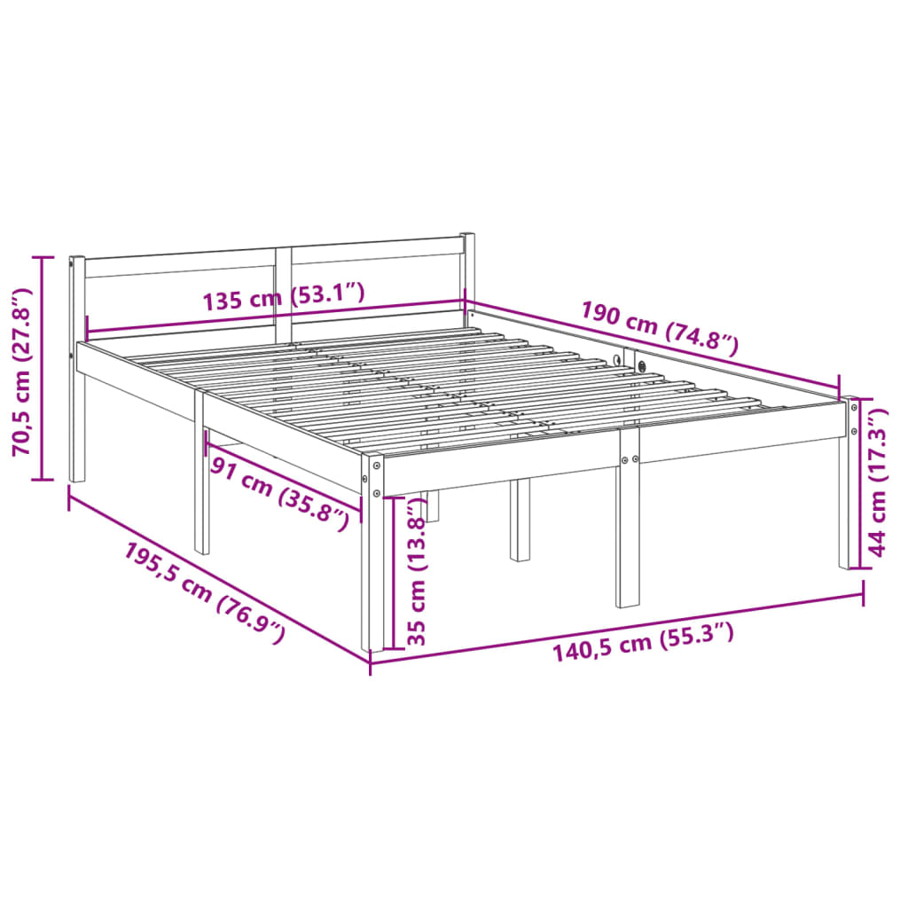 seniorseng 135x190 cm dobbeltseng massivt fyrretræ hvid