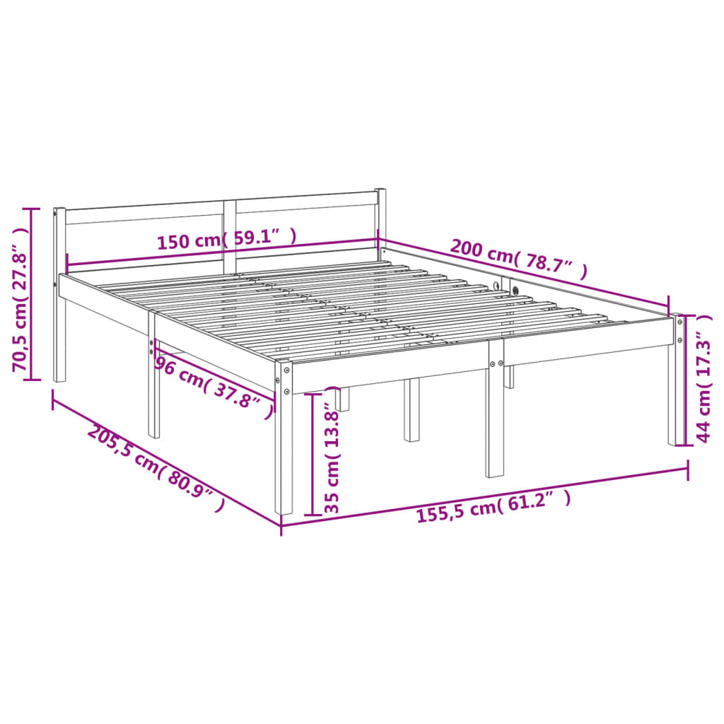 seniorseng 150x200 cm kingsize massivt fyrretræ grå