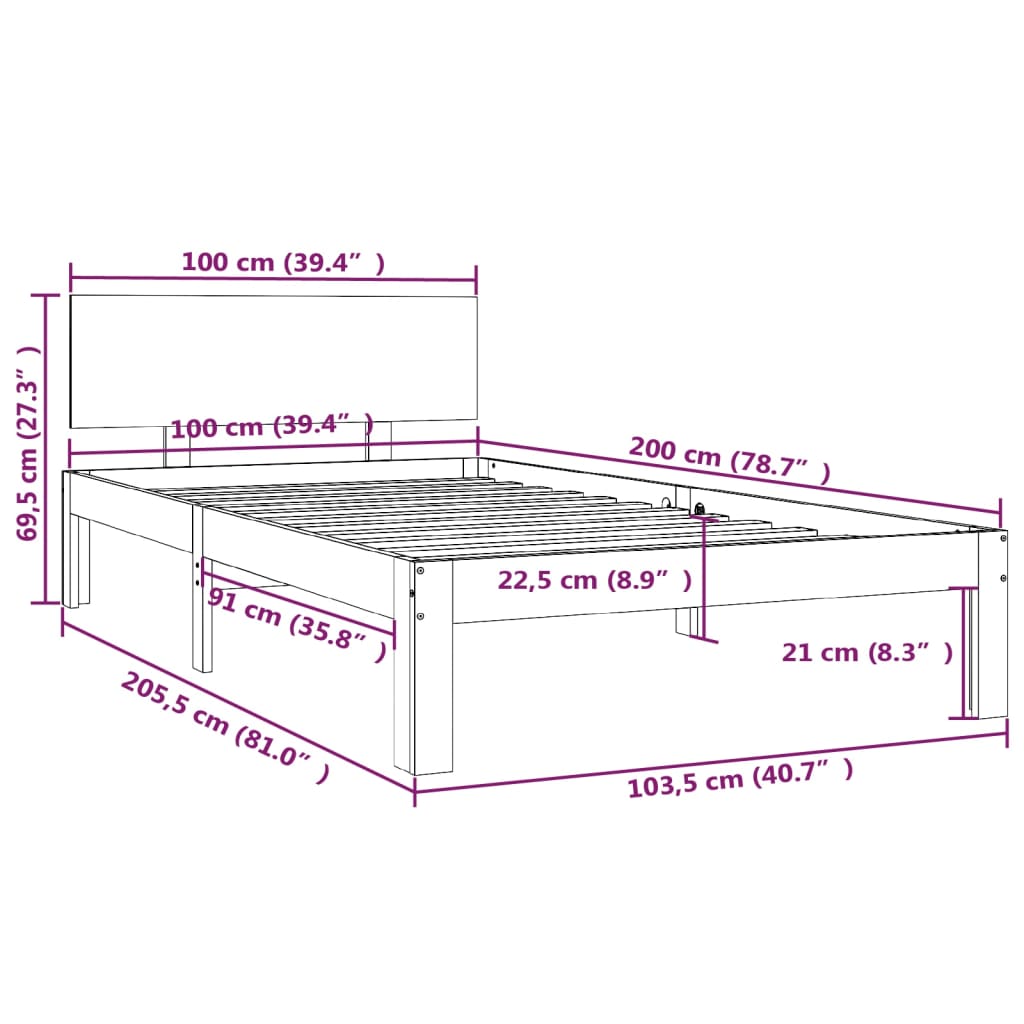 sengestel 100x200 cm massivt fyrretræ grå