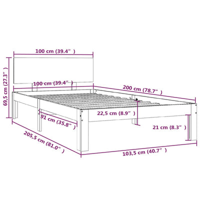 sengestel 100x200 cm massivt fyrretræ grå