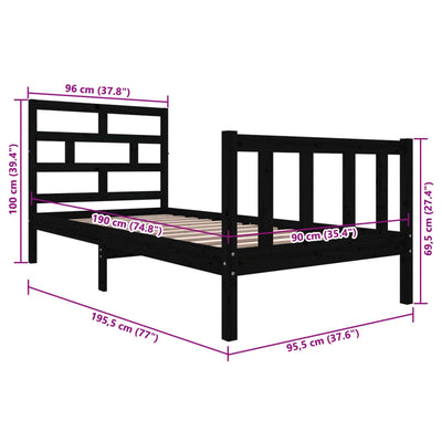 sengestel 90x190 cm Single massivt fyrretræ sort