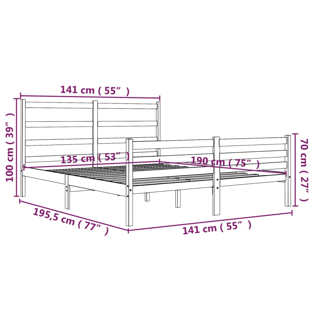 sengestel 135x190 cm Double massivt fyrretræ grå