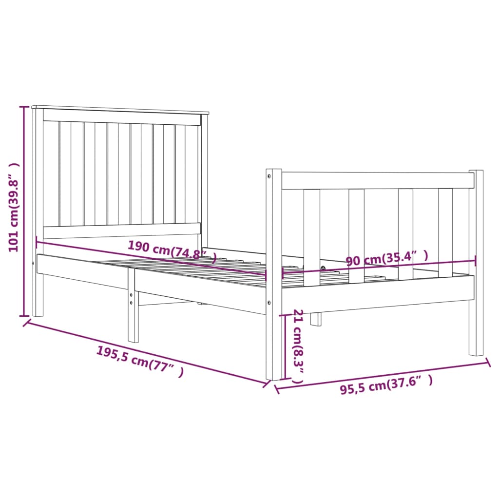 sengestel 90x190 cm Single massivt fyrretræ sort