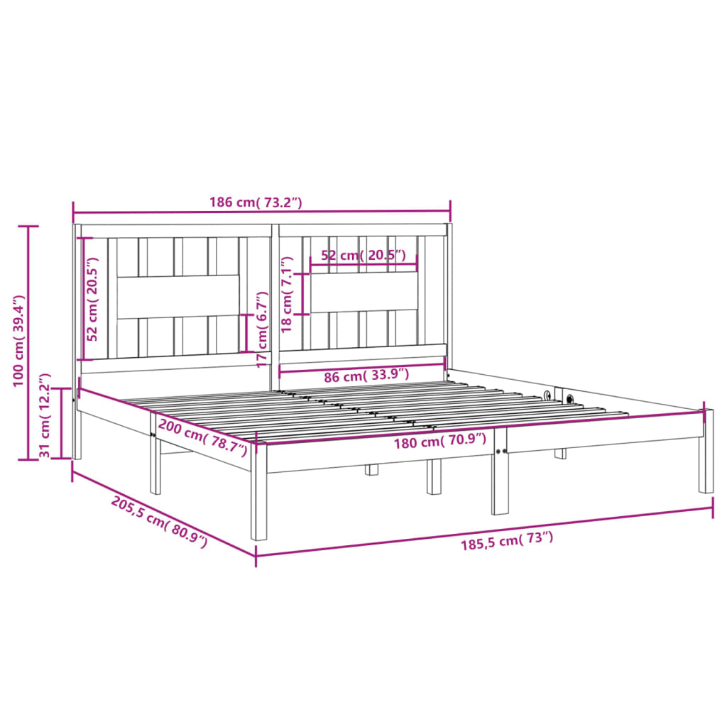 sengestel 180x200 cm Super King massivt fyrretræ hvid