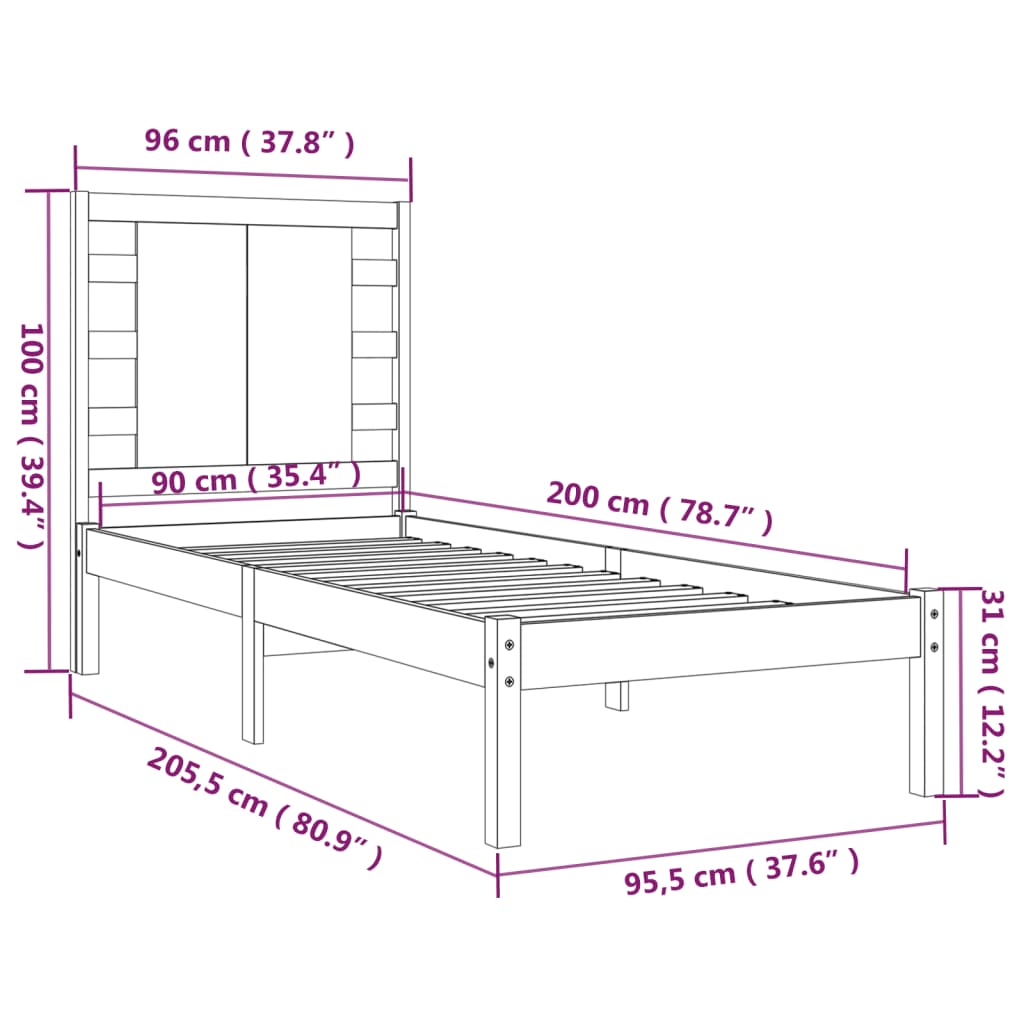 sengeramme uden madras 90x200 cm massivt fyrretræ