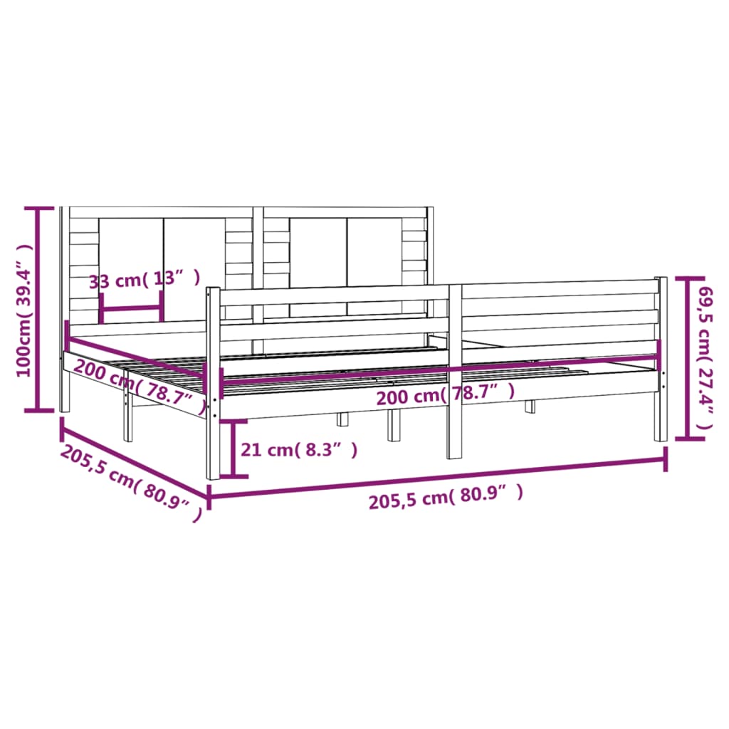 sengestel 200x200 cm massivt fyrretræ sort