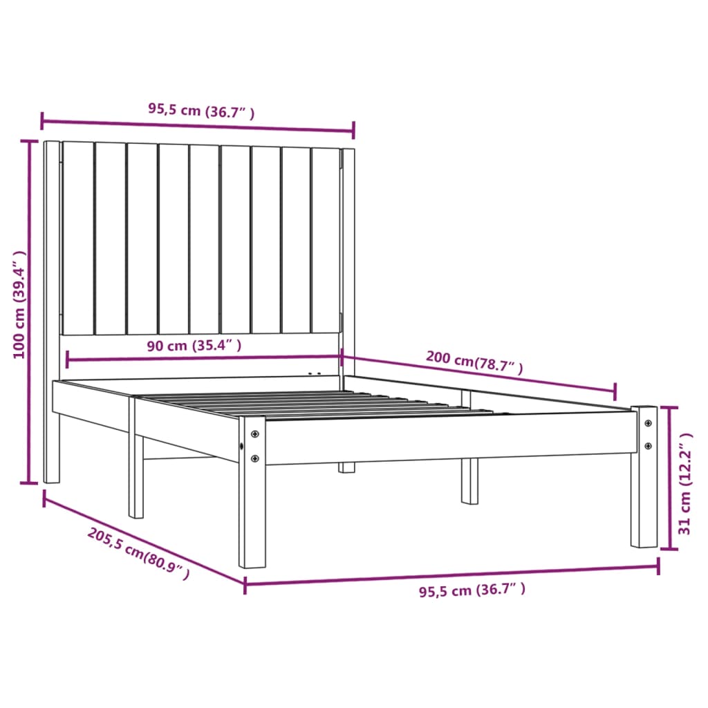 sengeramme uden madras 90x200 cm massivt fyrretræ hvid