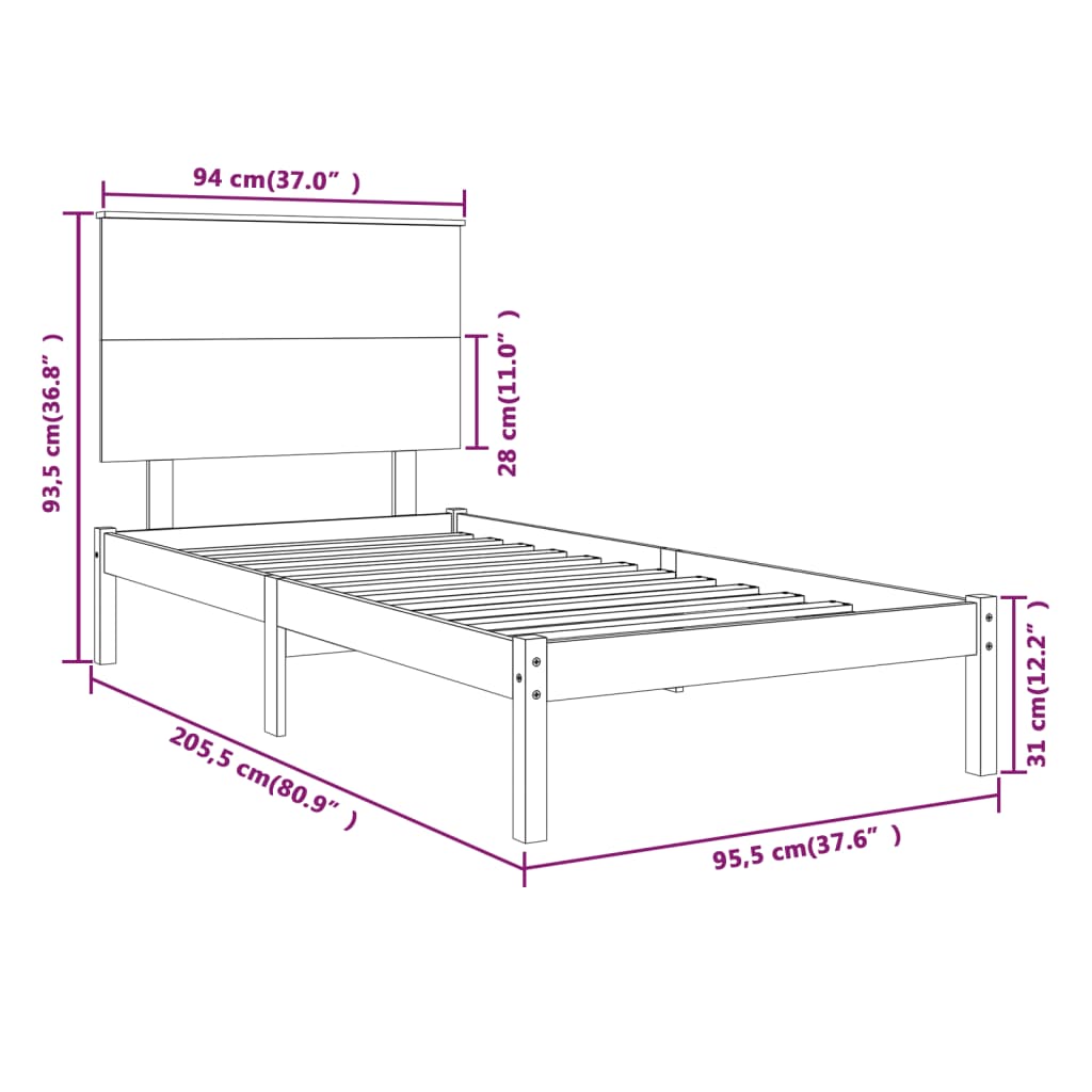 sengeramme uden madras 90x200 cm massivt fyrretræ hvid